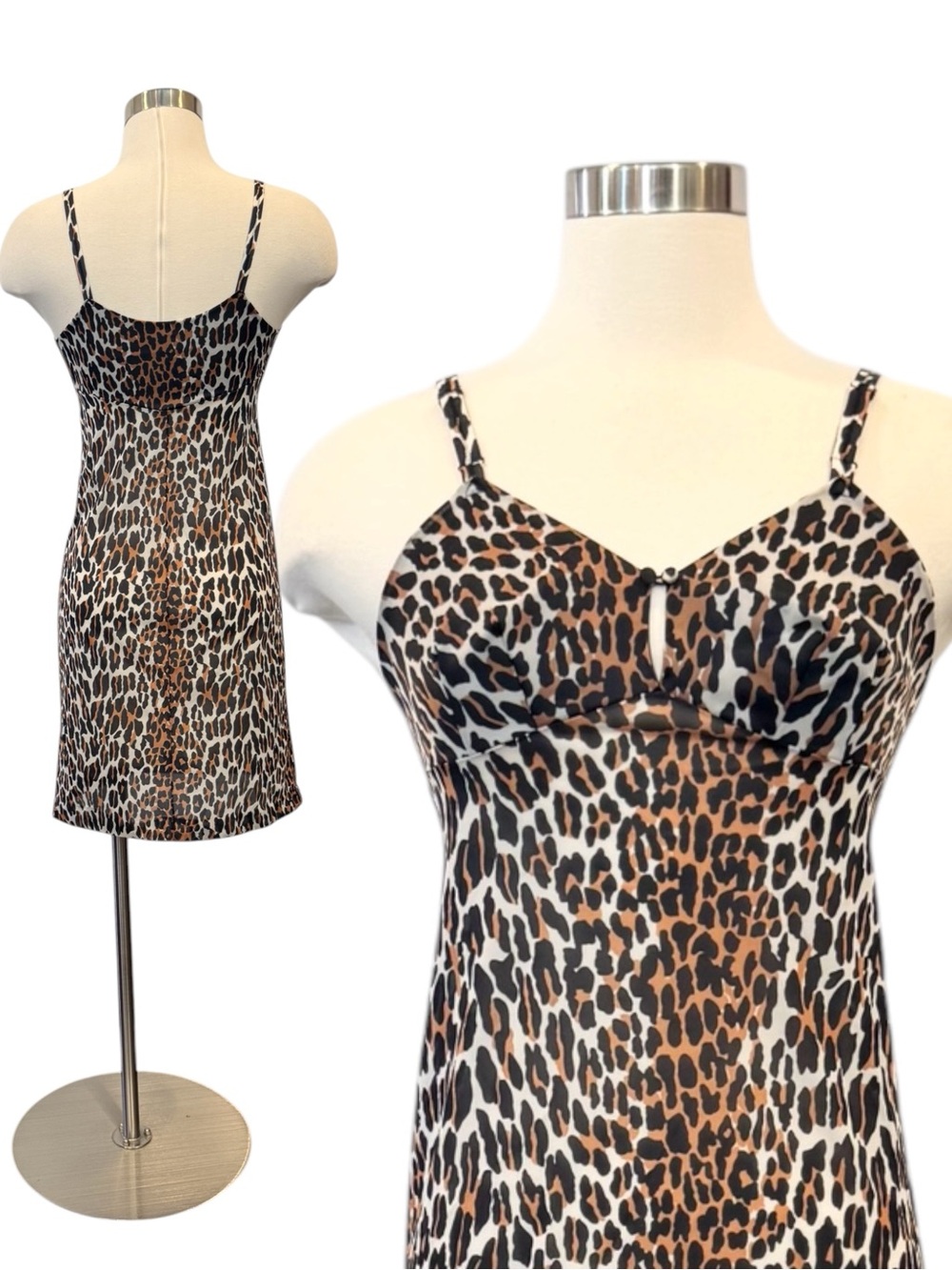 60s Vanity Fair Silky Nylon Leopard Print Keyhole Vintage Full Slip Dress 32